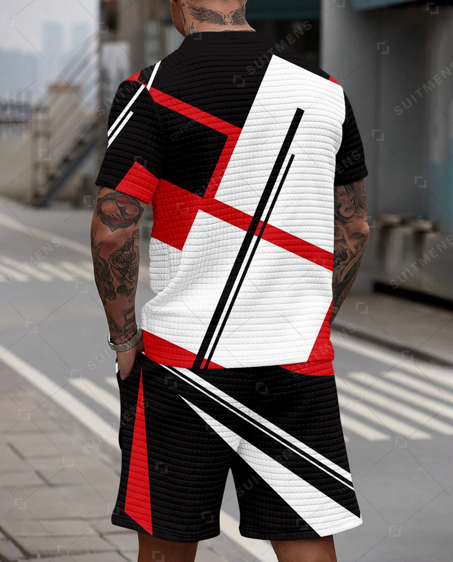 Men's Casual Waffle Textured Summer Round Neck Short Sleeve Shorts Set 0022