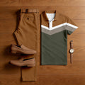 Men's Casual Brown Printed Color-Blocked Short-Sleeved Shirt And Shorts Two-Piece Set