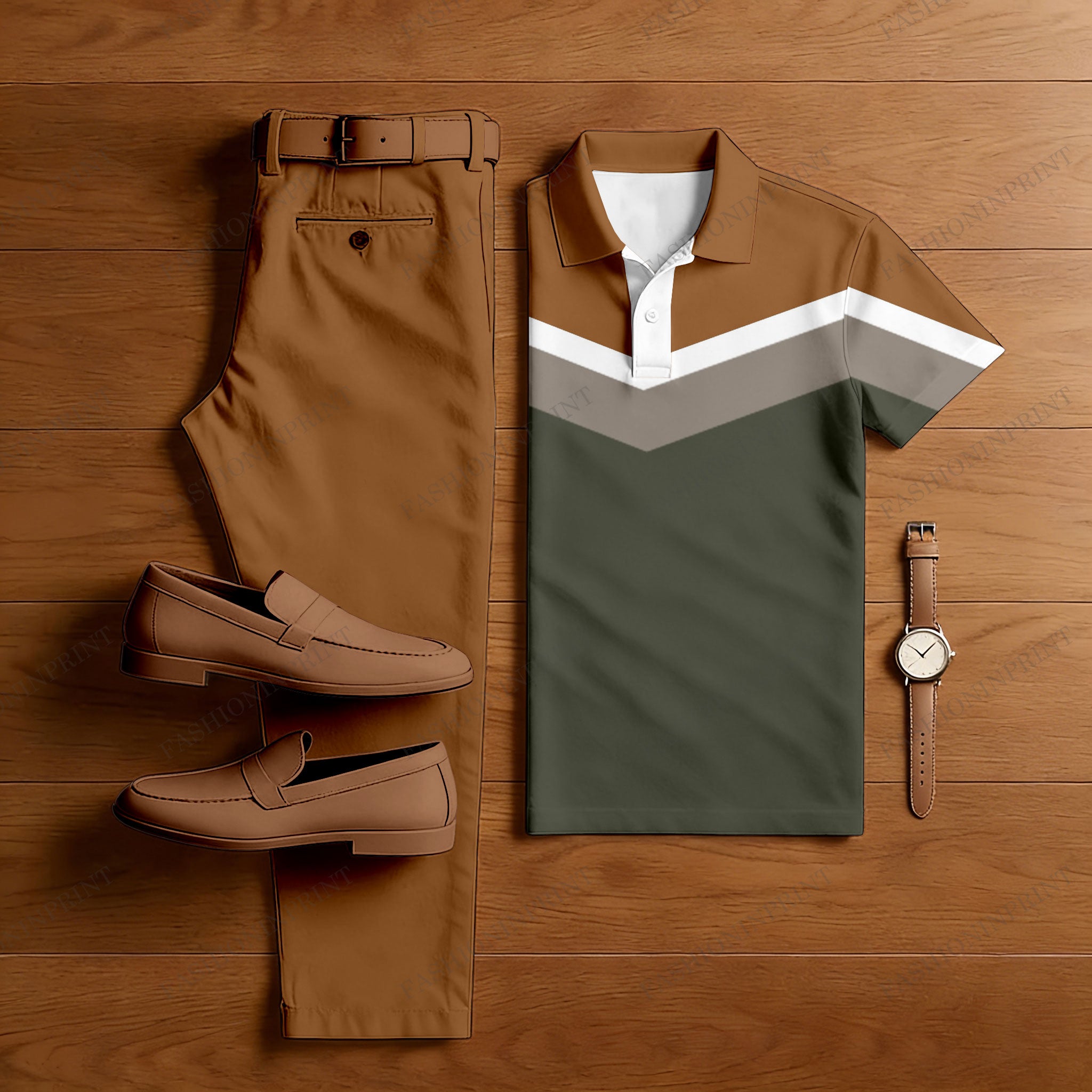 Men's Casual Brown Printed Color-Blocked Short-Sleeved Shirt And Shorts Two-Piece Set