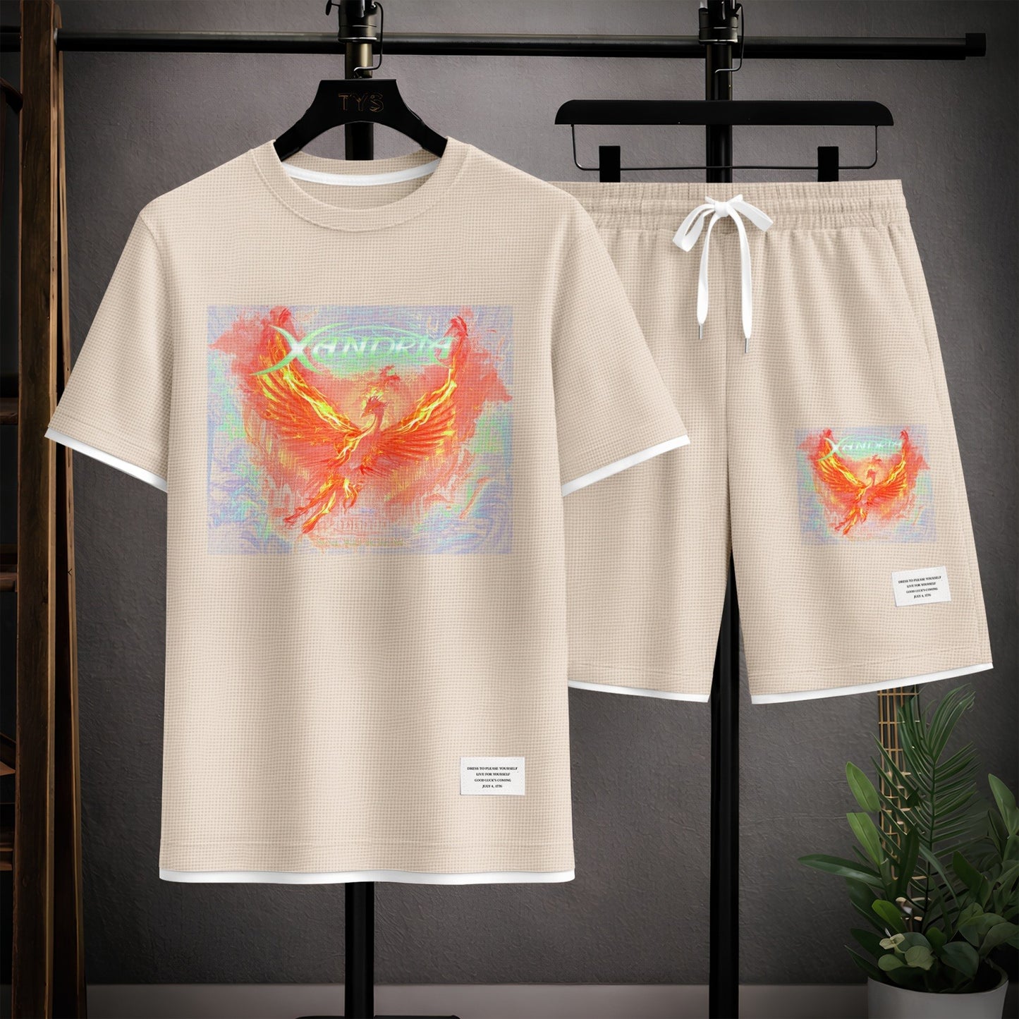 Men's Phoenix Graphic Print Short Sleeve Shirt and Drawstring Shorts Set, Casual Summer Two-Piece Outfit, Lightweight Breathable Relaxed Fit Athletic Set for Daily Wear, Beach, Vacation, Travel and Loungewear