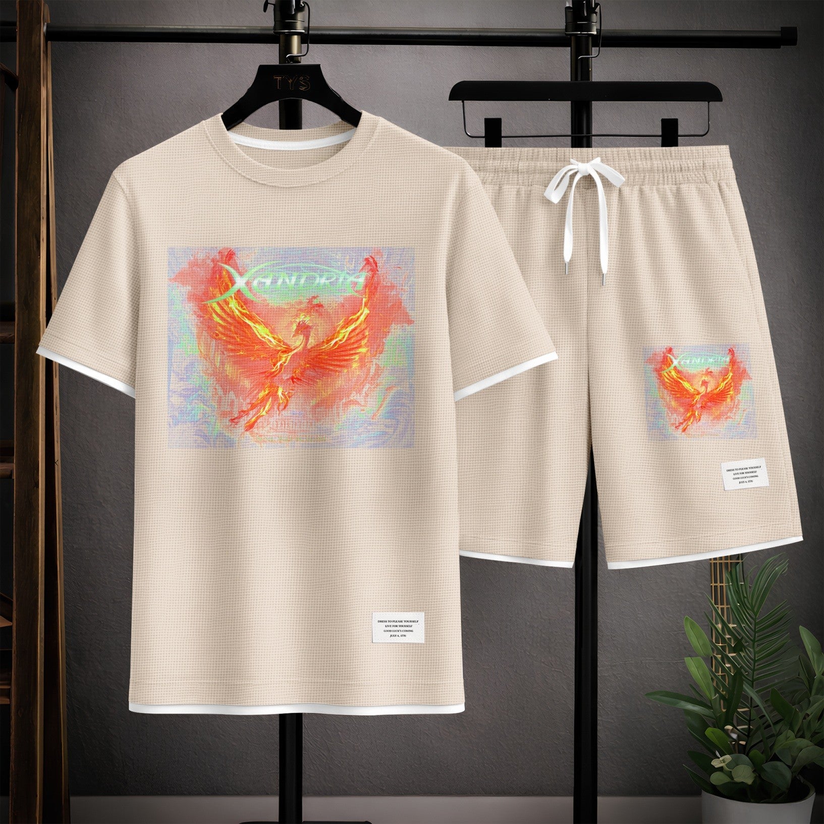 Men's Phoenix Graphic Print Short Sleeve Shirt and Drawstring Shorts Set, Casual Summer Two-Piece Outfit, Lightweight Breathable Relaxed Fit Athletic Set for Daily Wear, Beach, Vacation, Travel and Loungewear