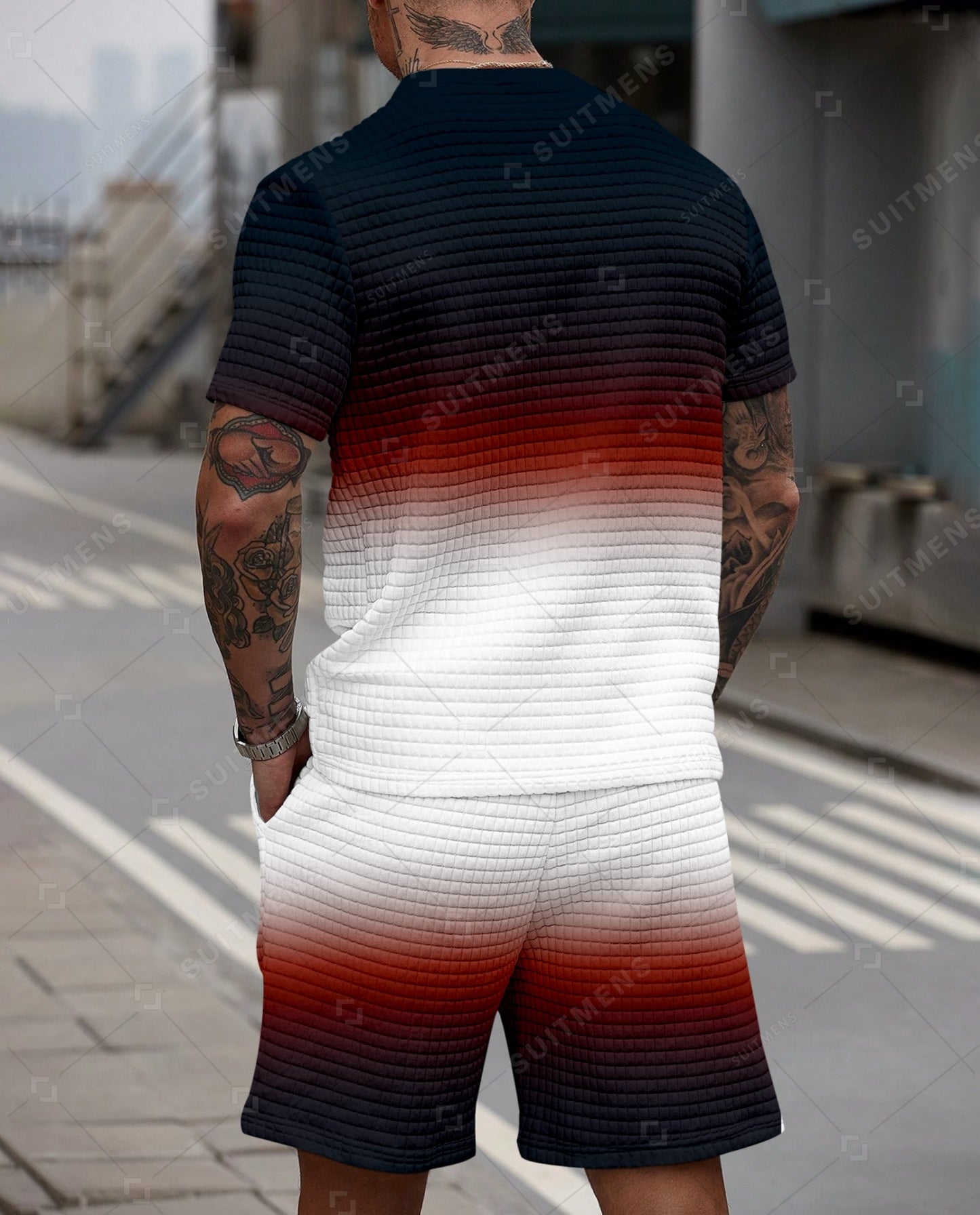 Men's Casual Waffle Textured Summer Round Neck Short Sleeve Shorts Set 0023