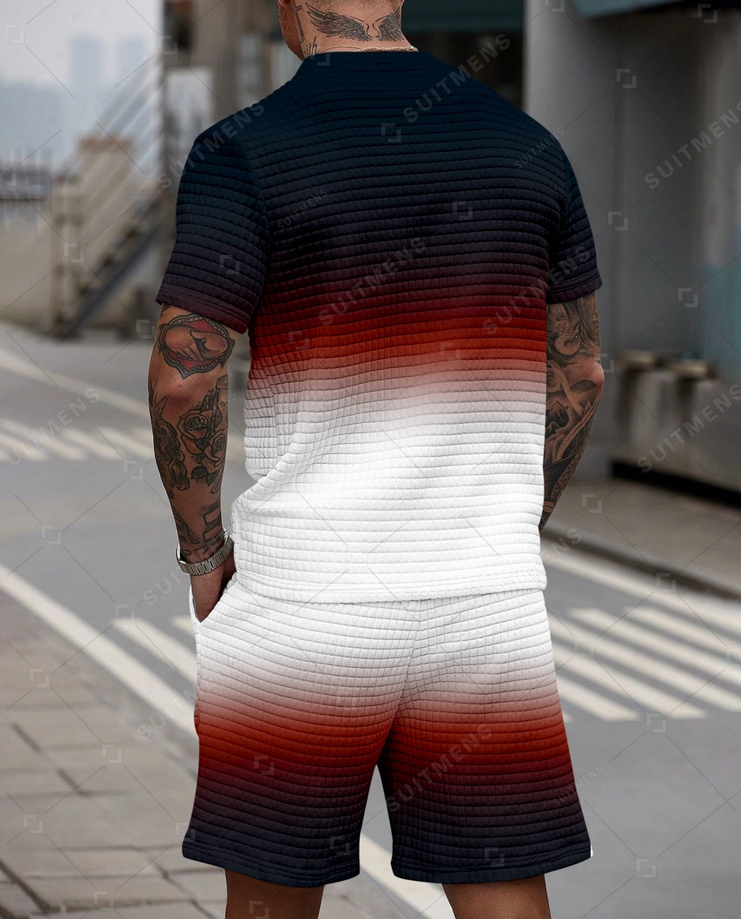 Men's Casual Waffle Textured Summer Round Neck Short Sleeve Shorts Set 0023