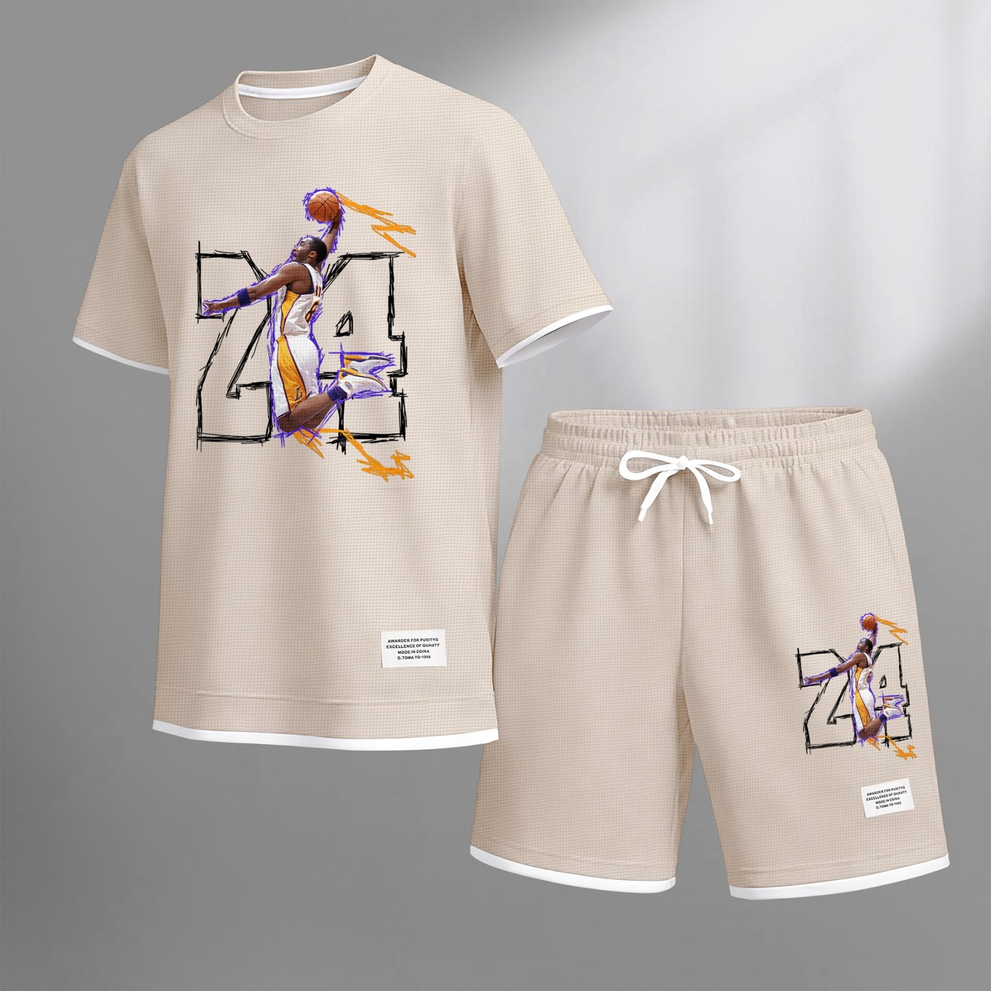 Men's No.24 Basketball Dunk Art Print Short Sleeve T-Shirt & Shorts Set, Summer Lightweight Waffle Sporty Casual Two-Piece Outfit, Streetwear for Basketball, Gym & Daily Wear
