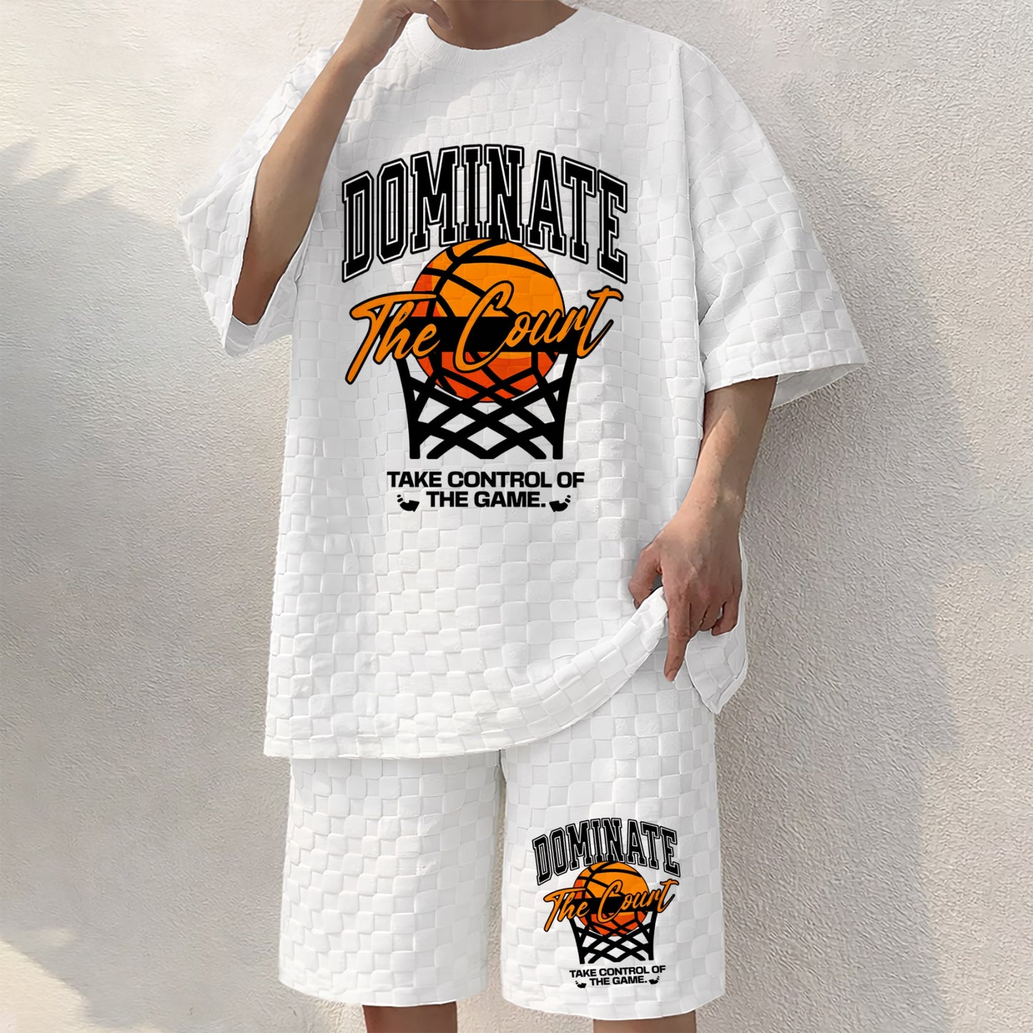 Men's Basketball Print Spring And Summer Drawstring Shorts Set, A Casual Summer Outfit, Including A Short-Sleeved Shirt And Shorts, Suitable For Everyday Wear And Sports Activities.