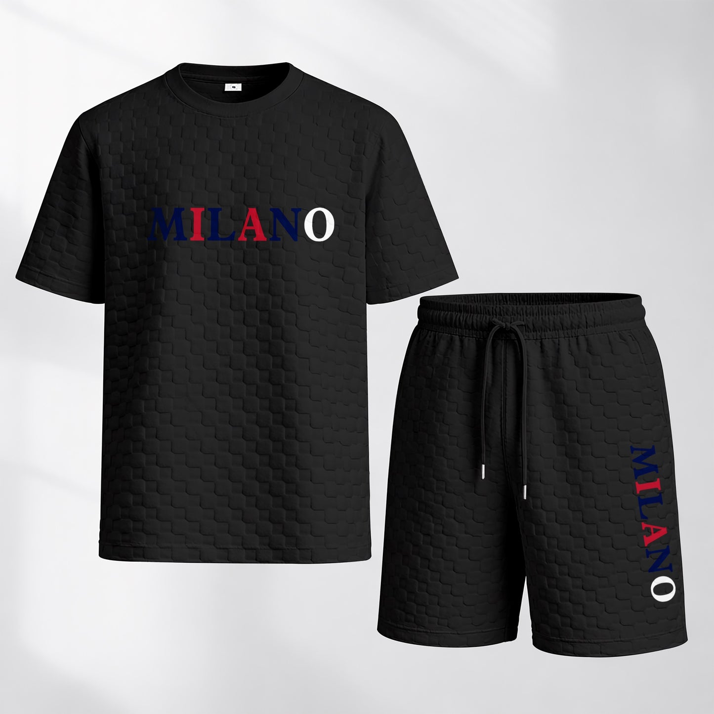 Men's Spring and Summer 'MILANO' Letter Print Checkered Fabric Drawstring Shorts Set, Casual Summer Outfit with Short-Sleeved Shirt and Shorts, Ideal for Everyday Wear and Sports Activities