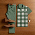 Men's Casual Green Plaid Printed Polo Shirt And Pants Two-Piece Set
