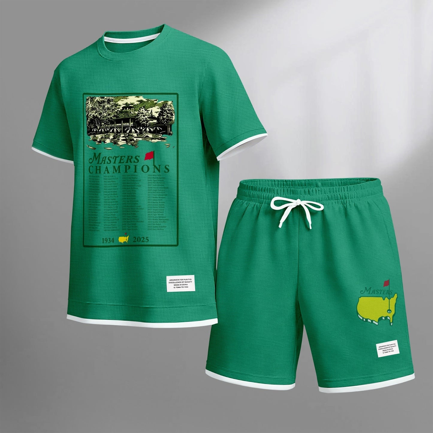 Men's Golf Club print drawstring shorts set for spring/summer, a casual summer outfit including a short-sleeved shirt and shorts, suitable for everyday wear and sports. A two-piece set for a relaxed and energetic lifestyle.