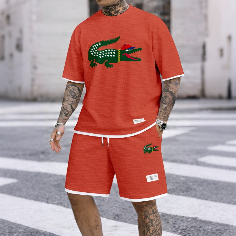 Men's Hip-Hop Crocodile Print Waffle Fabric Short-Sleeved Shirt And Shorts Set