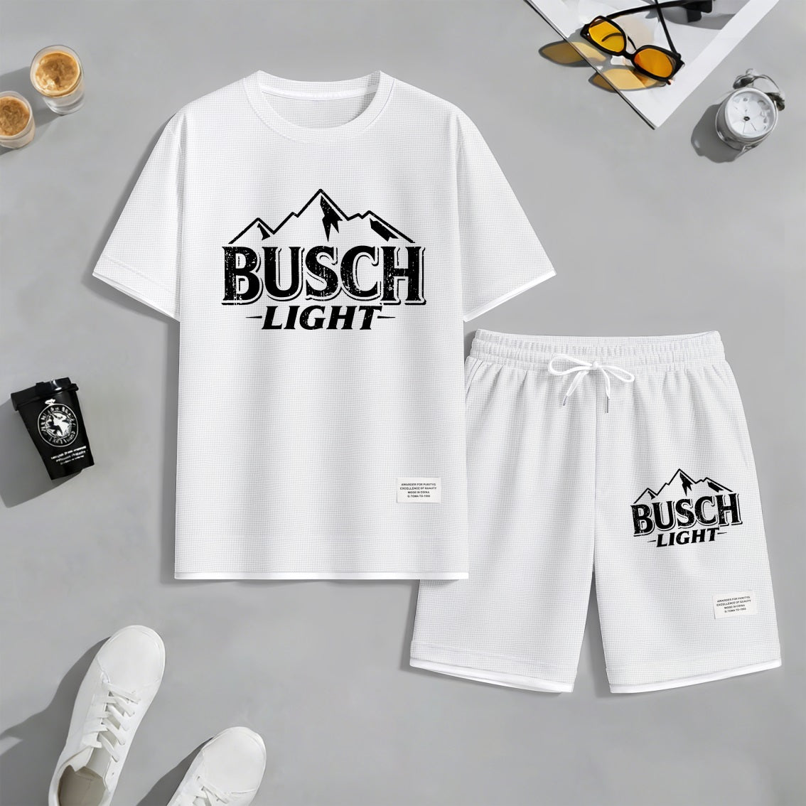 Men's Rocky Mountains Print Waffle Fabric Short-Sleeved Shirt And Shorts Set