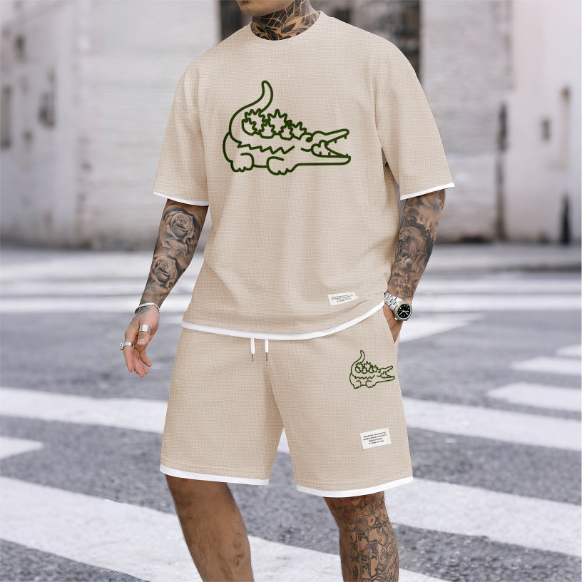Men's Monster Crocodile Print Waffle Fabric Short-Sleeved Shirt And Shorts Set