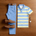 Men's Casual Light Blue Striped Print Short-Sleeved Shirt And Trousers Two-Piece Set