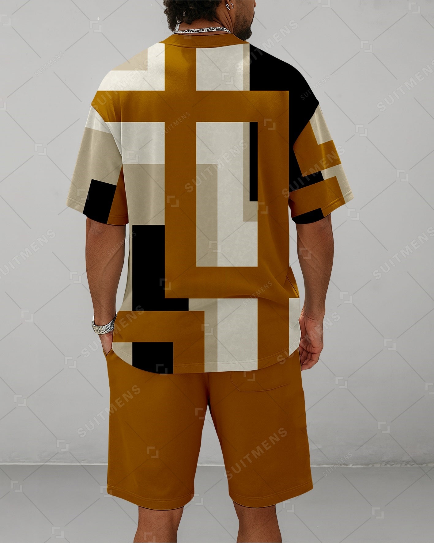 Men's Summer Colorblock Printed Round Neck Suit 058