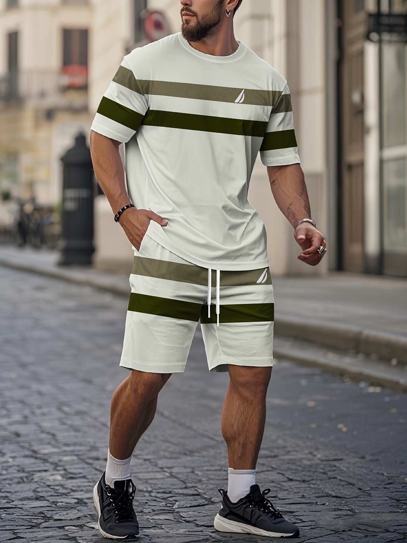 Men's Summer Striped Print Round Neck Set 939