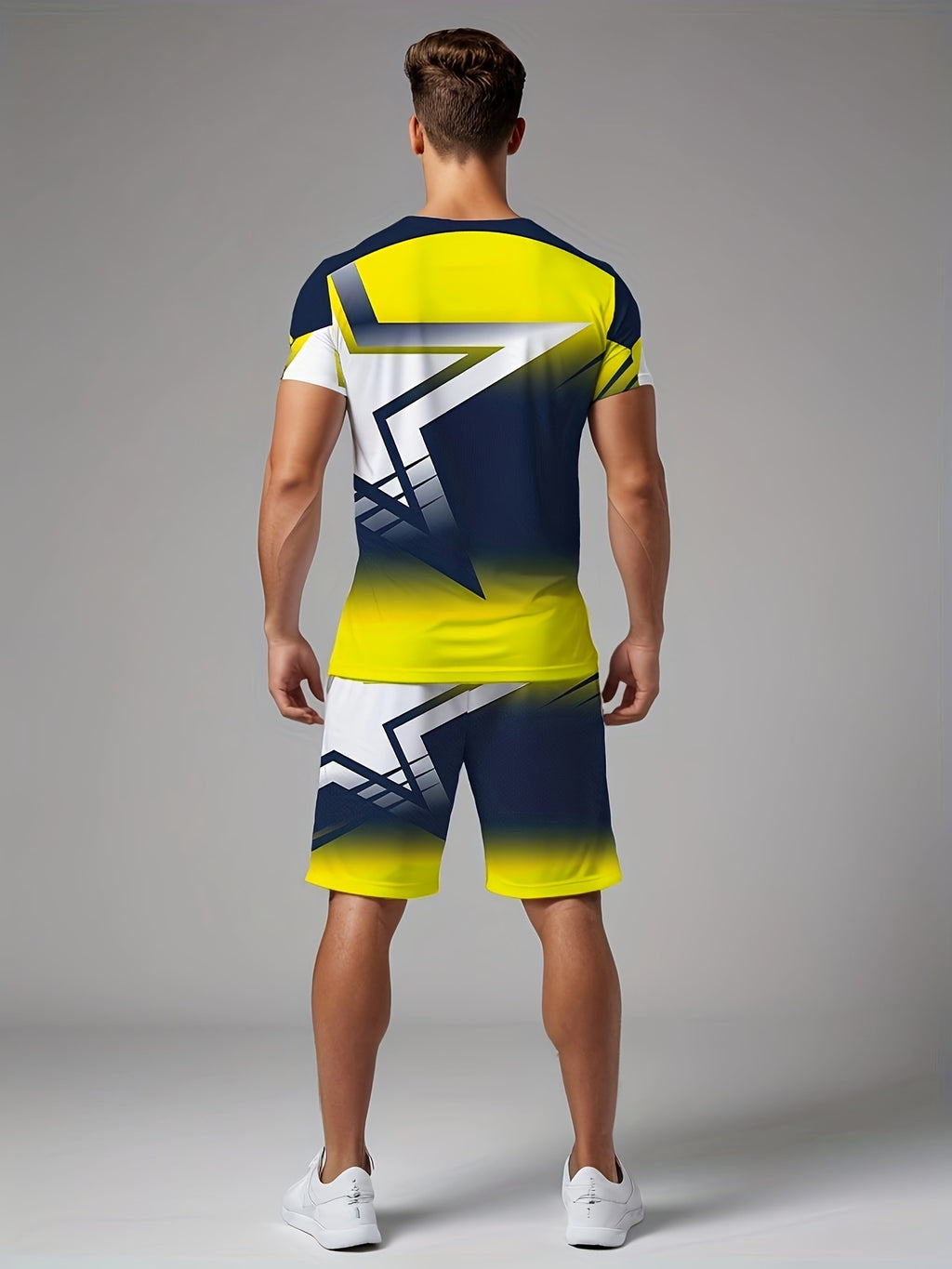 Men's Summer Color Matching Print Round Neck Set 970