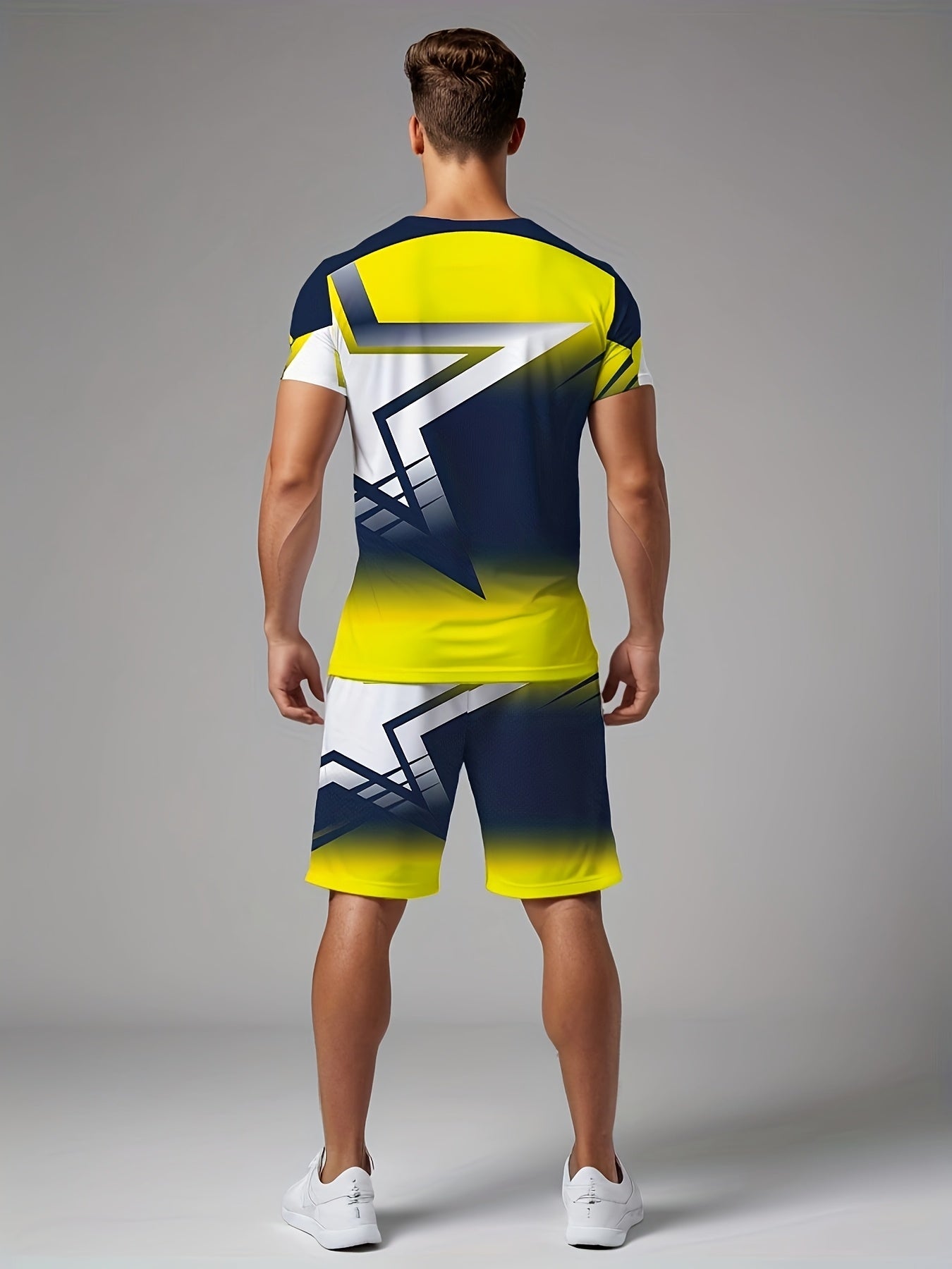 Men's Summer Color Matching Print Round Neck Set 970