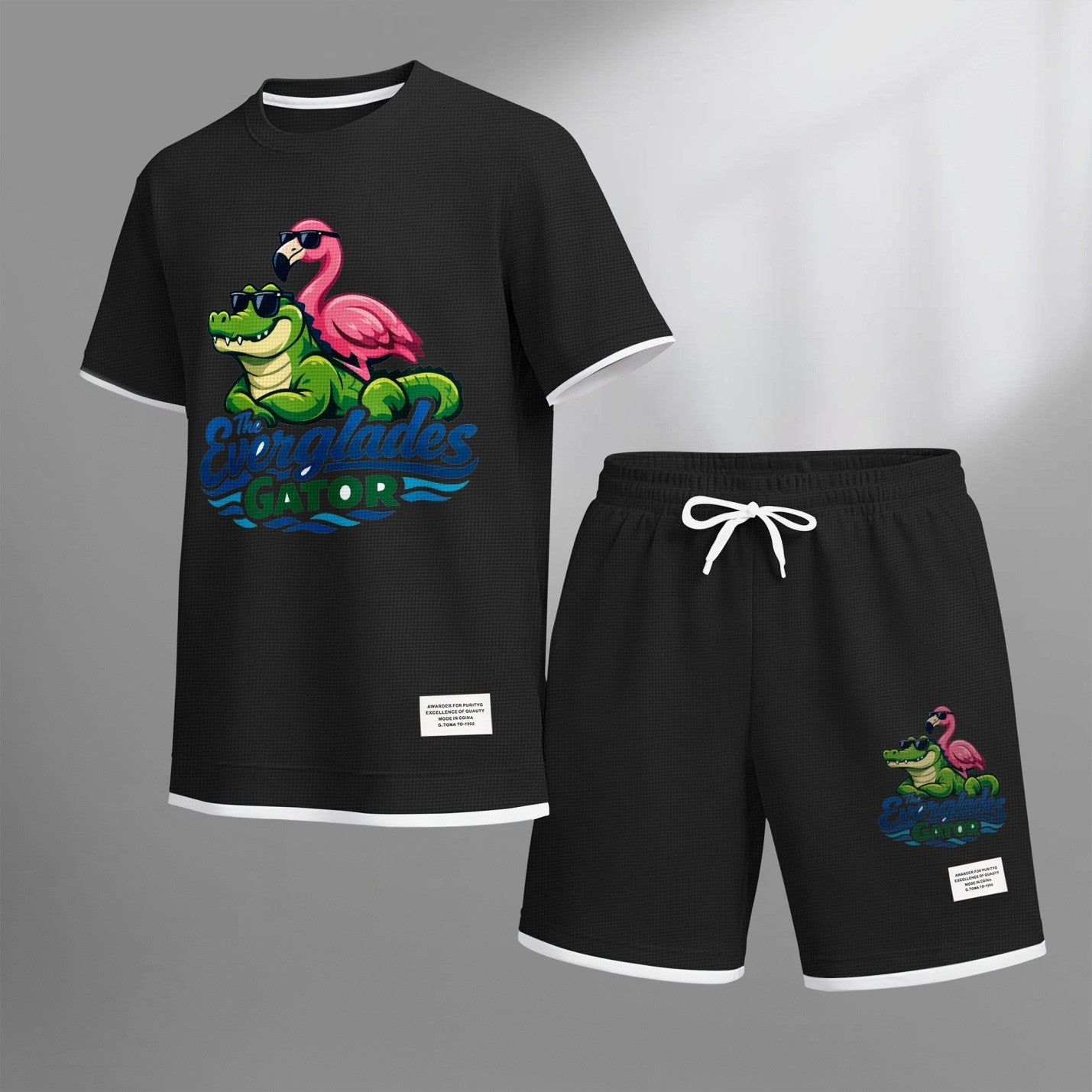 Men's Amusing Animals print drawstring shorts set for spring/summer, a casual summer outfit including a short-sleeved shirt and shorts, suitable for everyday wear and sports. A two-piece set for a relaxed and energetic lifestyle.