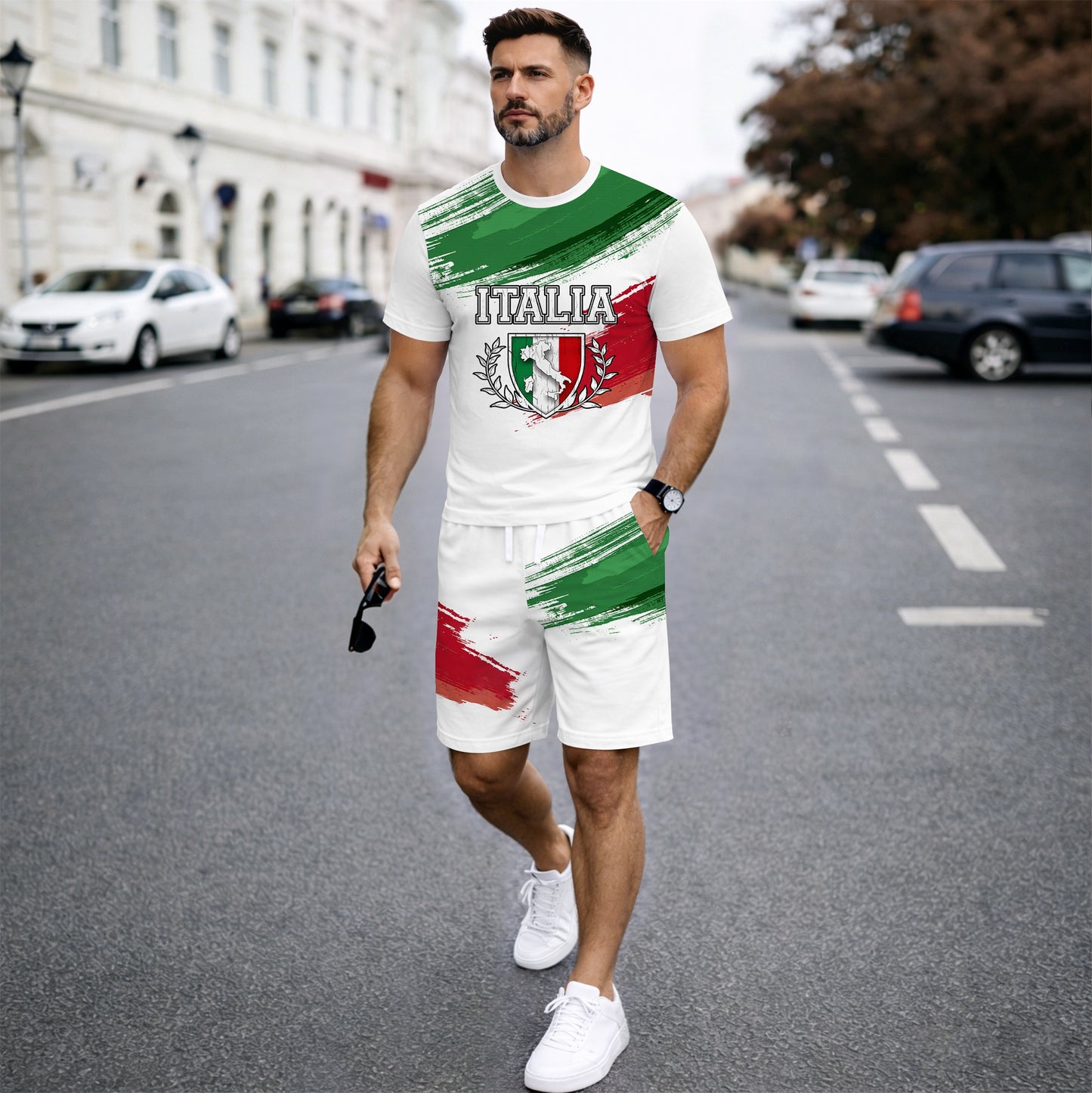 Men’s Italy Flag Graphic 2 Piece Shorts Set, Casual Short Sleeve T Shirt and Matching Drawstring Shorts Outfit, Lightweight Breathable Summer Tracksuit for Travel, Streetwear, Vacation, Daily Wear, Gym, and Outdoor Activities