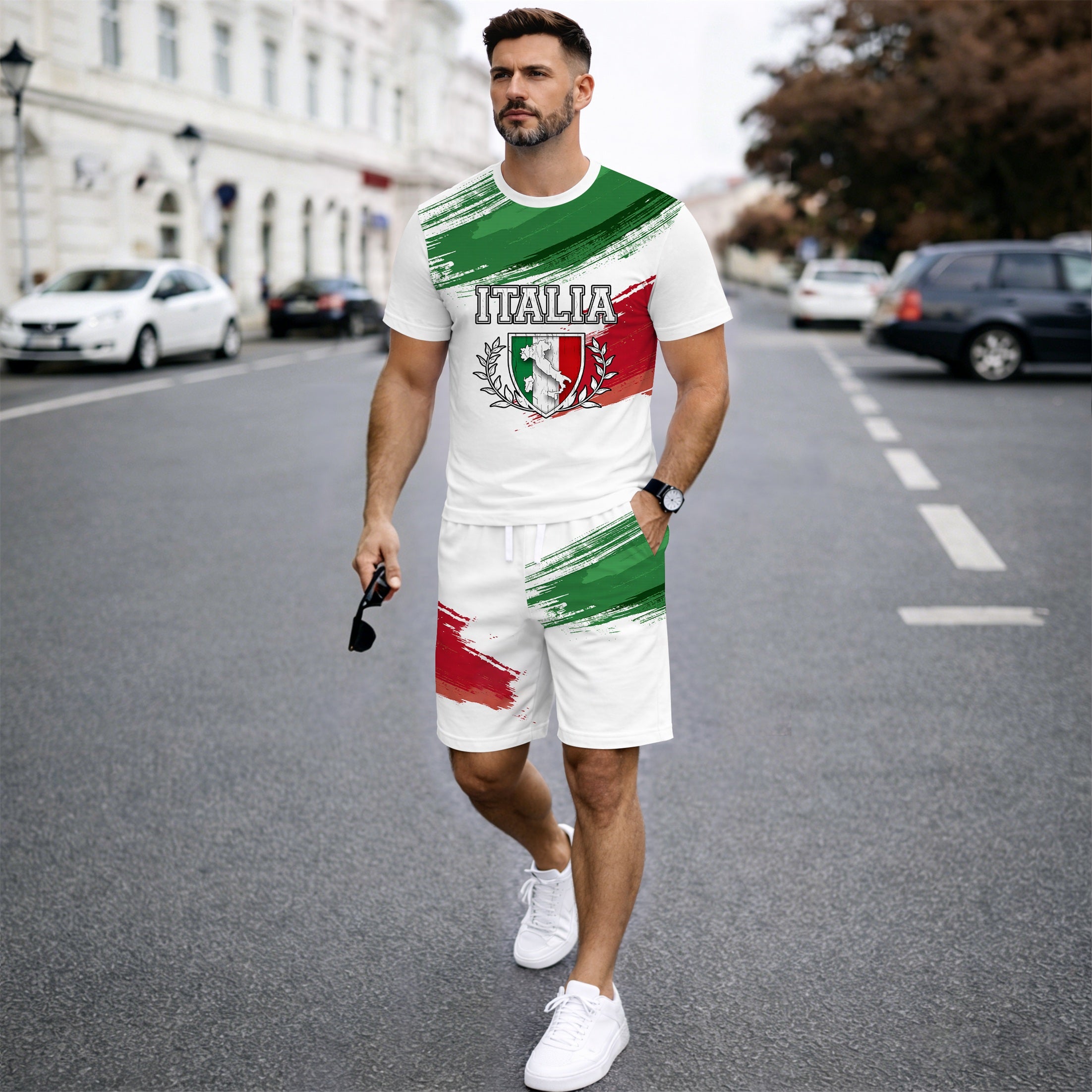 Men’s Italy Flag Graphic 2 Piece Shorts Set, Casual Short Sleeve T Shirt and Matching Drawstring Shorts Outfit, Lightweight Breathable Summer Tracksuit for Travel, Streetwear, Vacation, Daily Wear, Gym, and Outdoor Activities