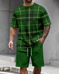 Men's Summer Green Plaid Printed Round Neck Set 613