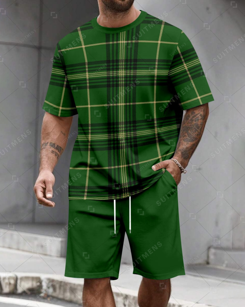 Men's Summer Green Plaid Printed Round Neck Set 613