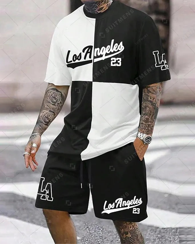 Men's Summer Color Matching Print Round Neck Set 234