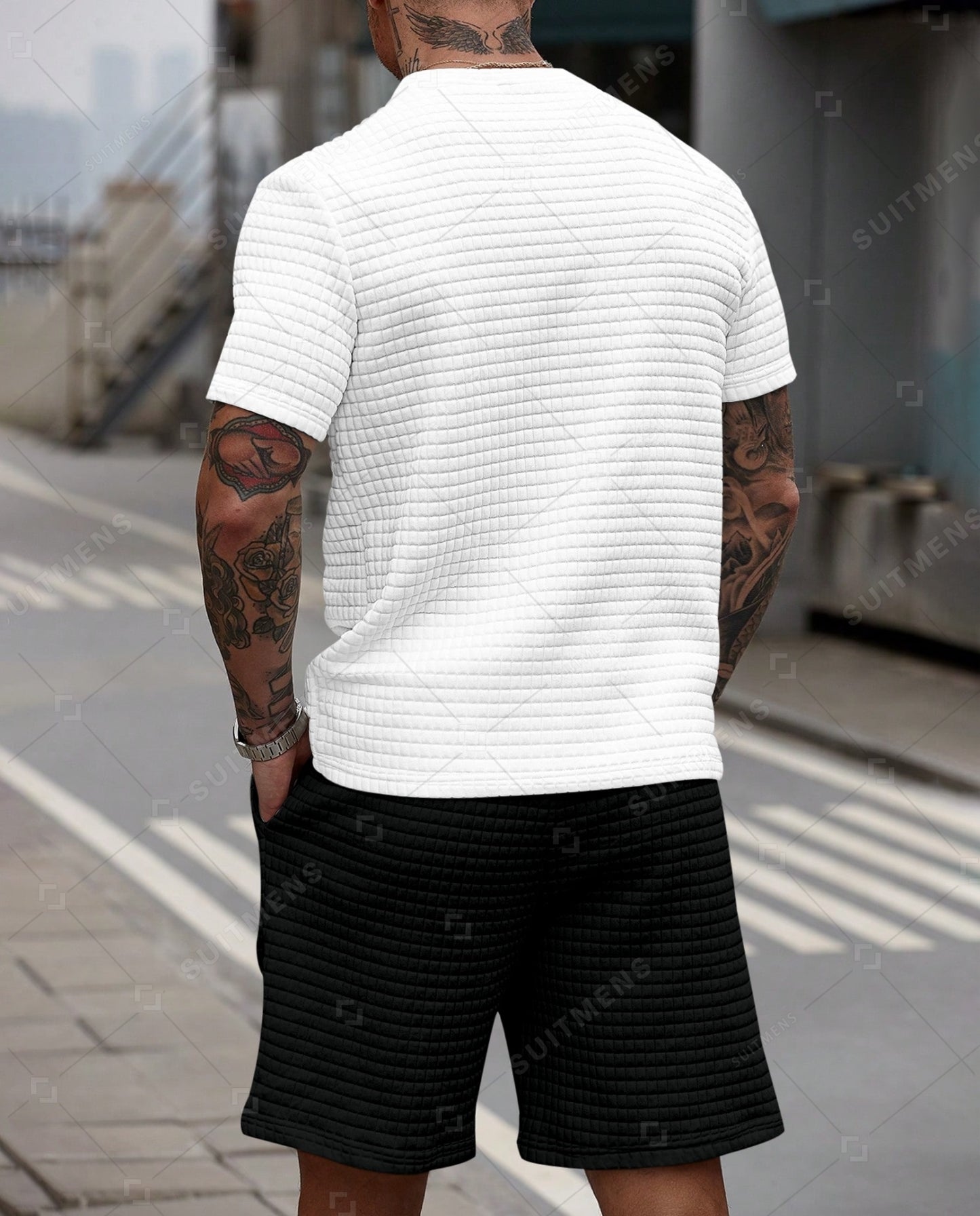 Men's Casual Waffle Textured Summer Round Neck Short Sleeve Shorts Set 0024