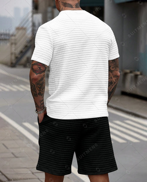 Men's Casual Waffle Textured Summer Round Neck Short Sleeve Shorts Set 0024