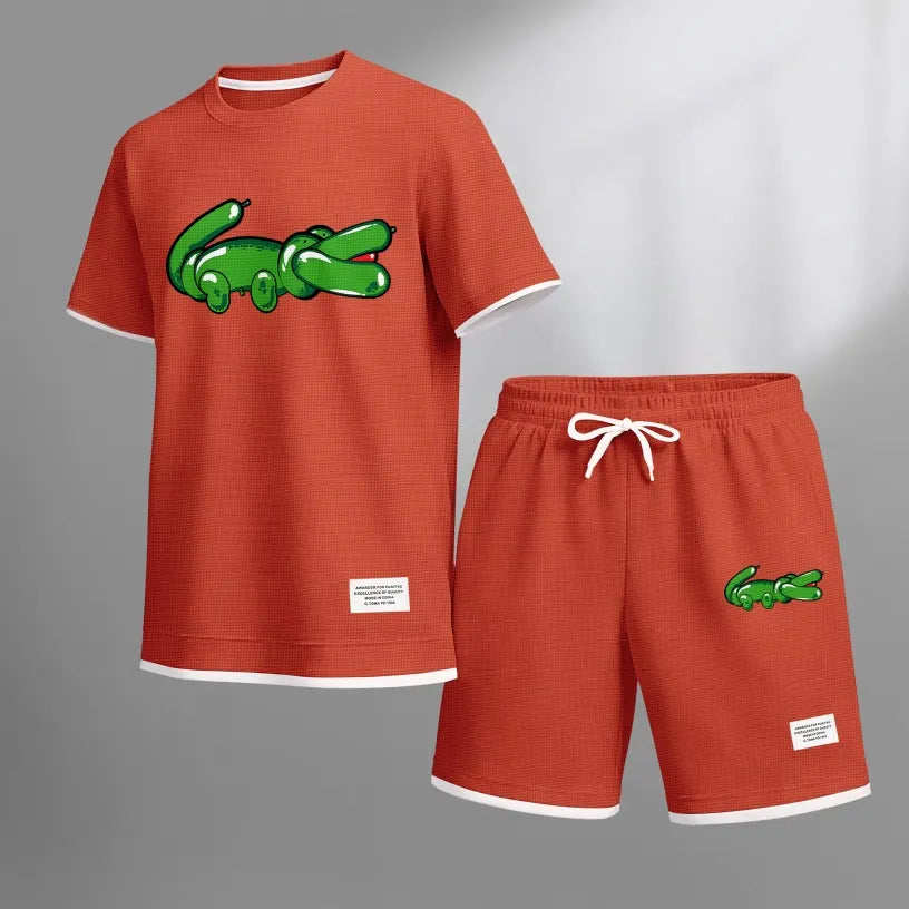 Men's Balloon Crocodile Print Waffle Fabric Short-Sleeved Shirt And Shorts Set