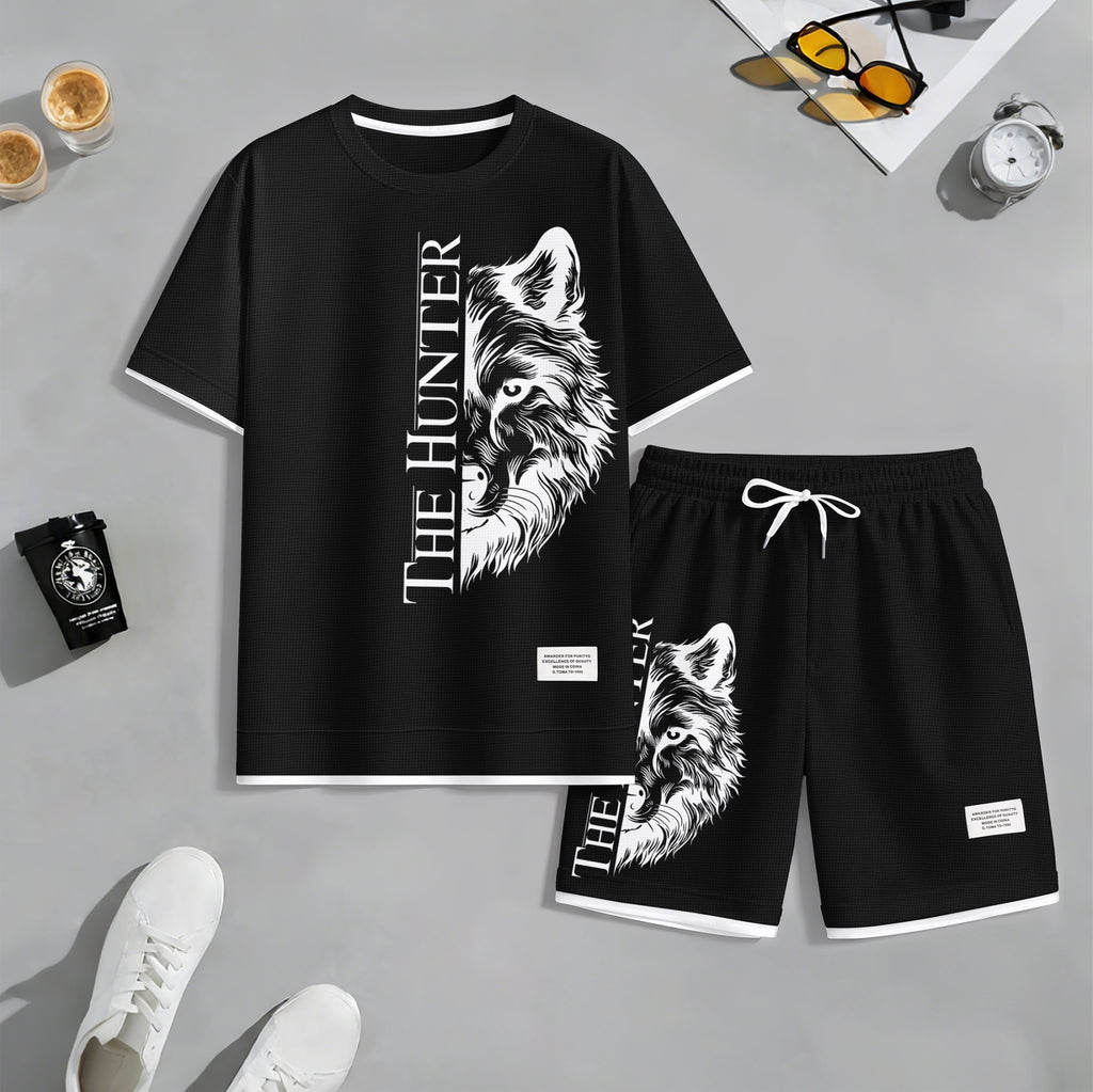 Men's "The Hunter" Wolf Head Graphic Print Waffle Short Sleeve T-Shirt & Shorts Set, Summer Lightweight Casual Sporty Two-Piece Outfit, Streetwear for Gym & Daily Wear