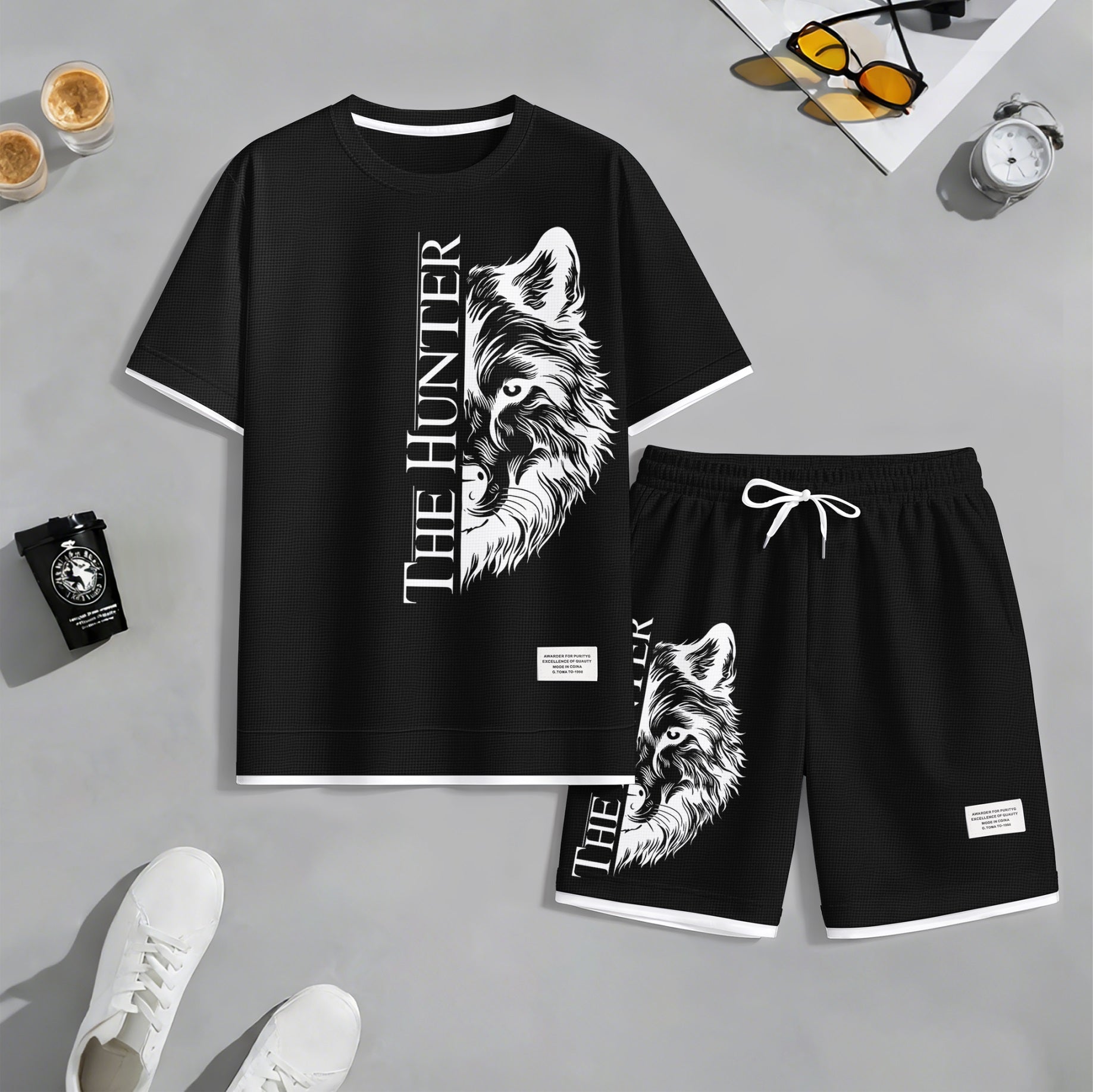 Men's "The Hunter" Wolf Head Graphic Print Waffle Short Sleeve T-Shirt & Shorts Set, Summer Lightweight Casual Sporty Two-Piece Outfit, Streetwear for Gym & Daily Wear