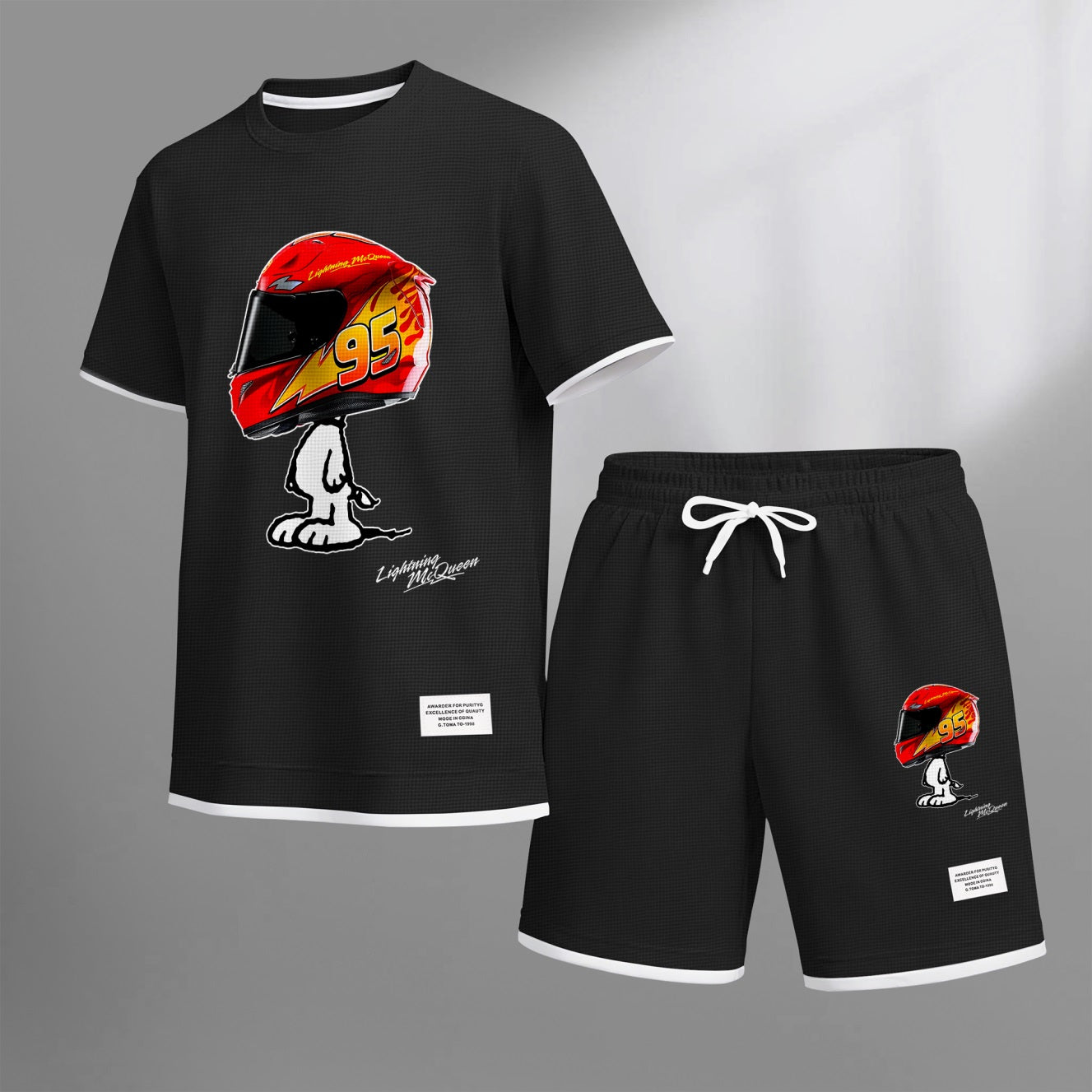 Men's Classic Racing Print Waffle Fabric Short-Sleeved Shirt And Shorts Set