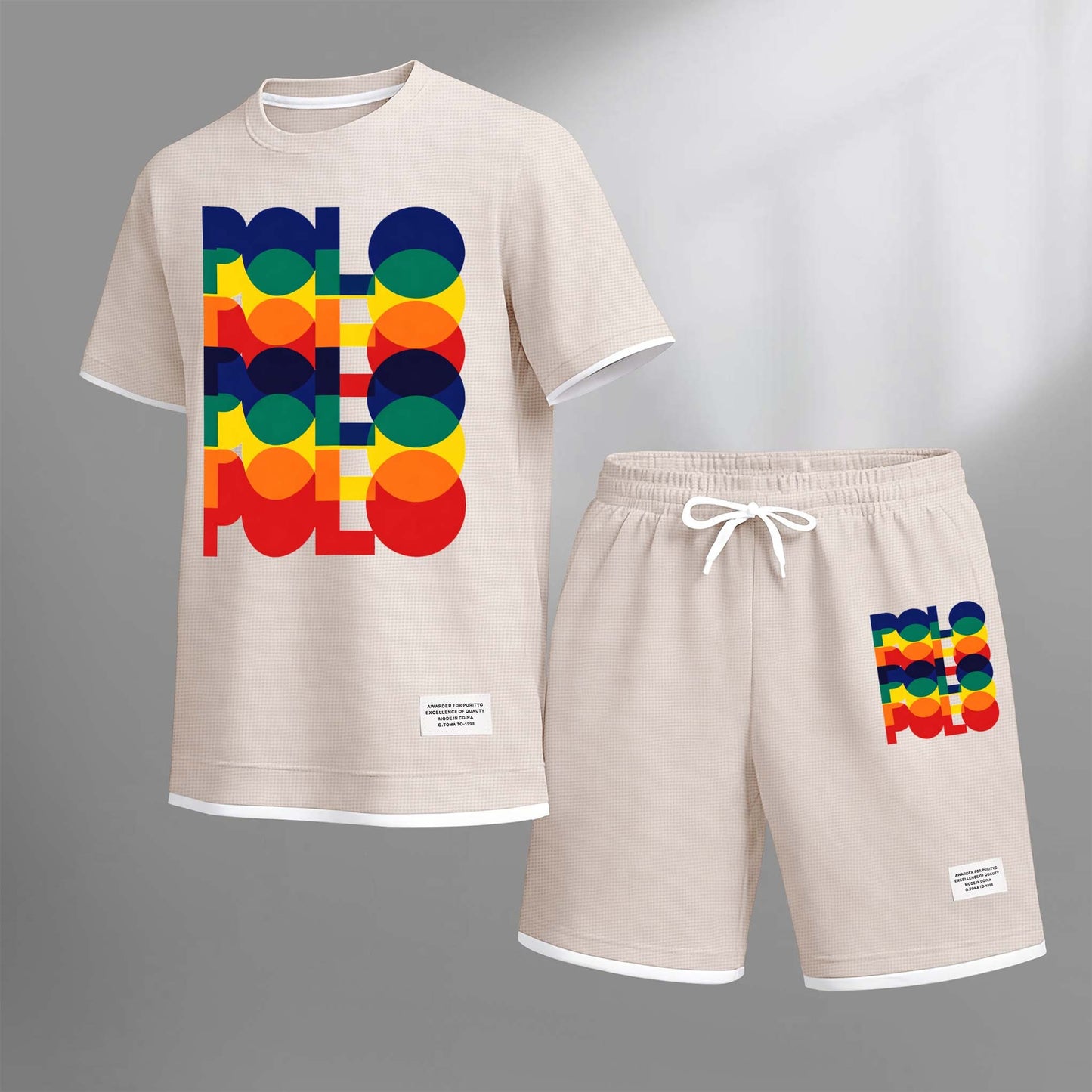 Men's Polo Print Drawstring Shorts Set For Spring/Summer. A Casual Summer Outfit, Including A Short-Sleeved Shirt And Shorts, Suitable For Everyday Wear And Sports. A Two-Piece Set For A Relaxed And Energetic Lifestyle.