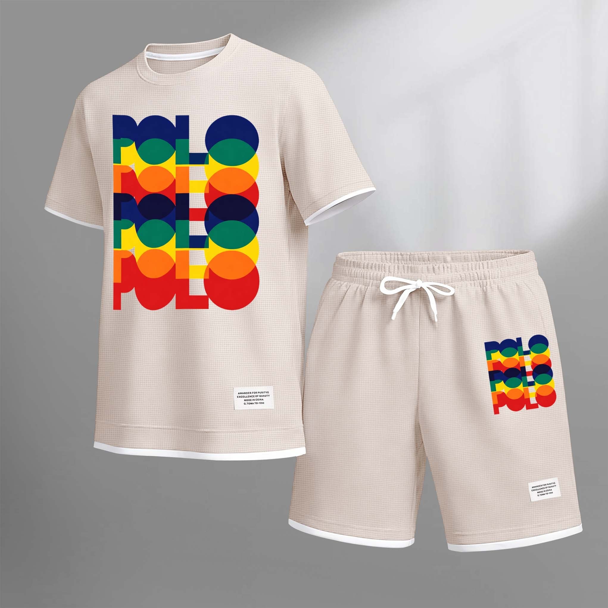 Men's Polo Print Drawstring Shorts Set For Spring/Summer. A Casual Summer Outfit, Including A Short-Sleeved Shirt And Shorts, Suitable For Everyday Wear And Sports. A Two-Piece Set For A Relaxed And Energetic Lifestyle.