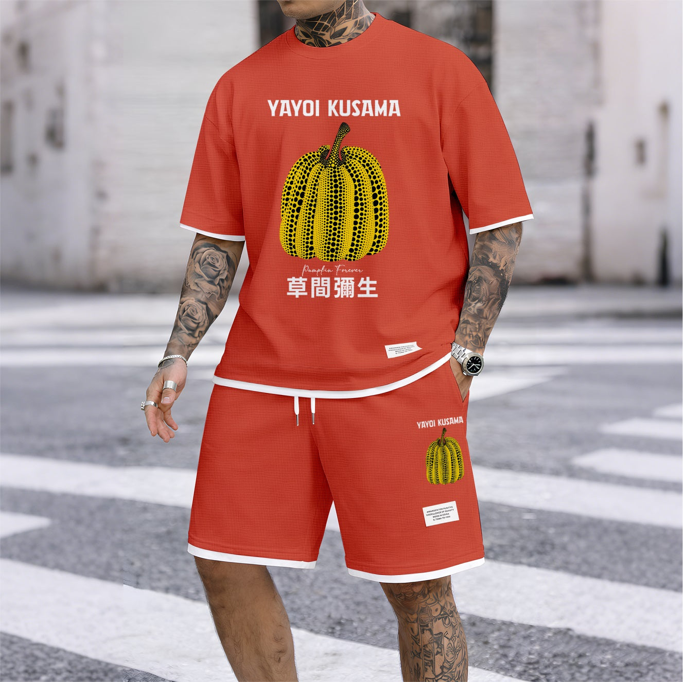 Men's Polka-Dot Pumpkin Print Waffle Fabric Short-Sleeved Shirt And Shorts Set 02