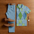 Men's Casual Blue Geometry Printed Polo Shirt And Pants Two-Piece Set