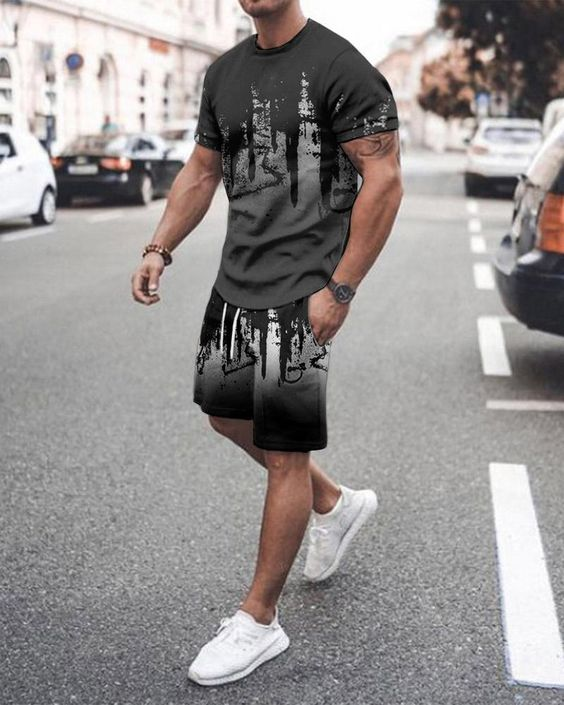 Suitmens Men's Gray Tie Dye Shorts Suit
