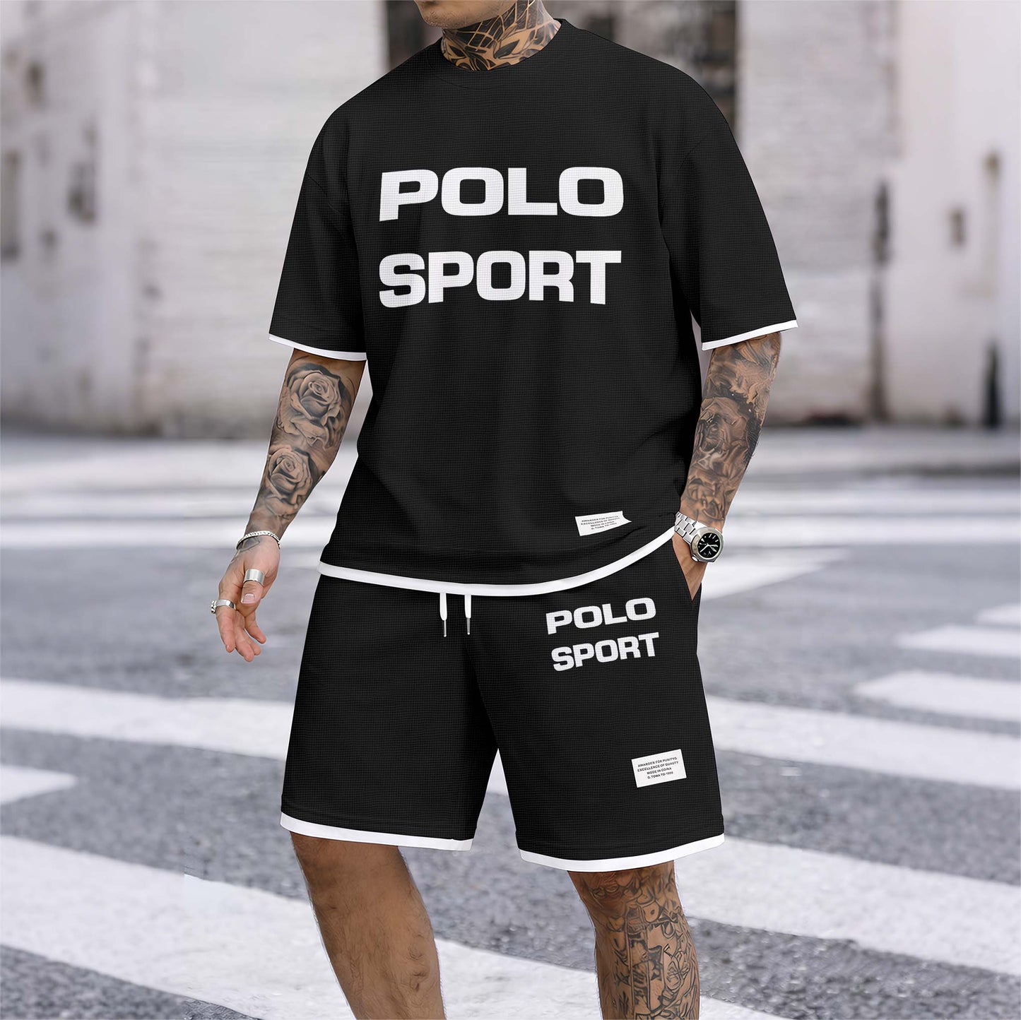 Men's Polo Sport Print Drawstring Shorts Set For Spring/Summer. A Casual Summer Outfit, Including A Short-Sleeved Shirt And Shorts, Suitable For Everyday Wear And Sports. A Two-Piece Set For A Relaxed And Energetic Lifestyle.