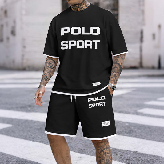 Men's Polo Sport Print Drawstring Shorts Set For Spring/Summer. A Casual Summer Outfit, Including A Short-Sleeved Shirt And Shorts, Suitable For Everyday Wear And Sports. A Two-Piece Set For A Relaxed And Energetic Lifestyle.