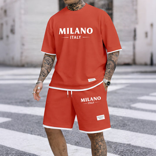 Men's Milan print drawstring shorts set for spring/summer, a casual summer outfit including a short-sleeved shirt and shorts, suitable for everyday wear and sports. A two-piece set for a relaxed and energetic lifestyle.