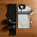 Men's Casual Gray & White Checkered Printed Polo Shirt And Pants Two-Piece Set