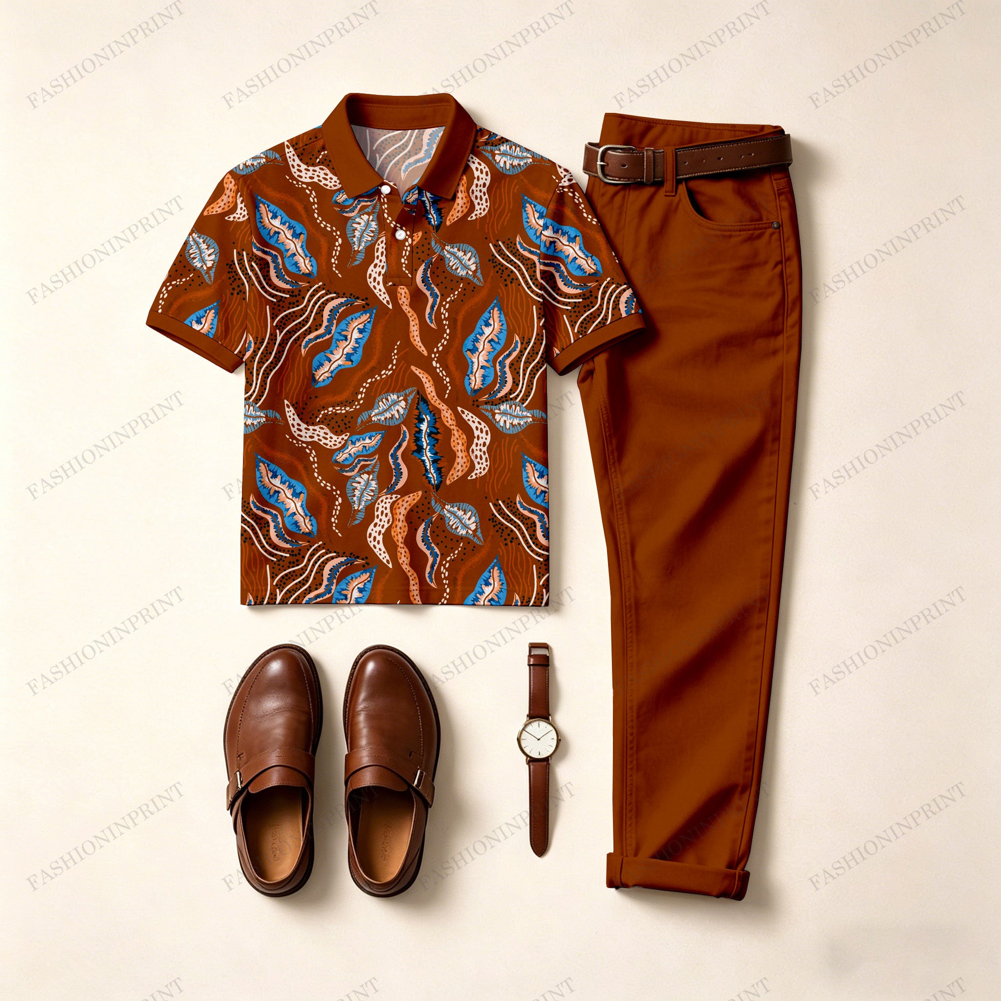 Men's Casual Reddish-Brown Printed Polo Shirt And Pants Two-Piece Set
