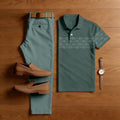 Men's Casual Printed Green Geometry Polo Shirt And Pants Two-Piece Set