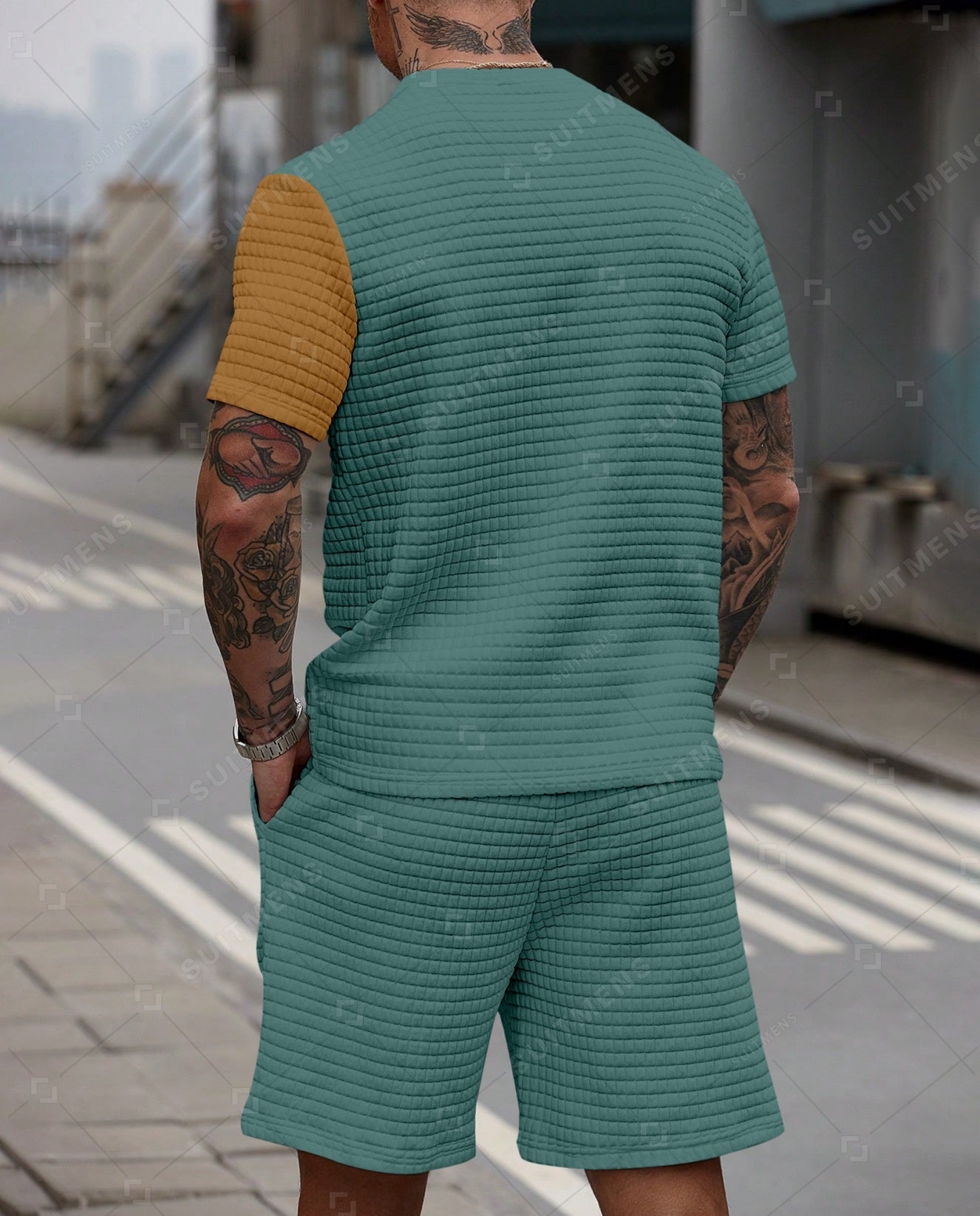 Men's Casual Waffle Textured Summer Round Neck Short Sleeve Shorts Set 005