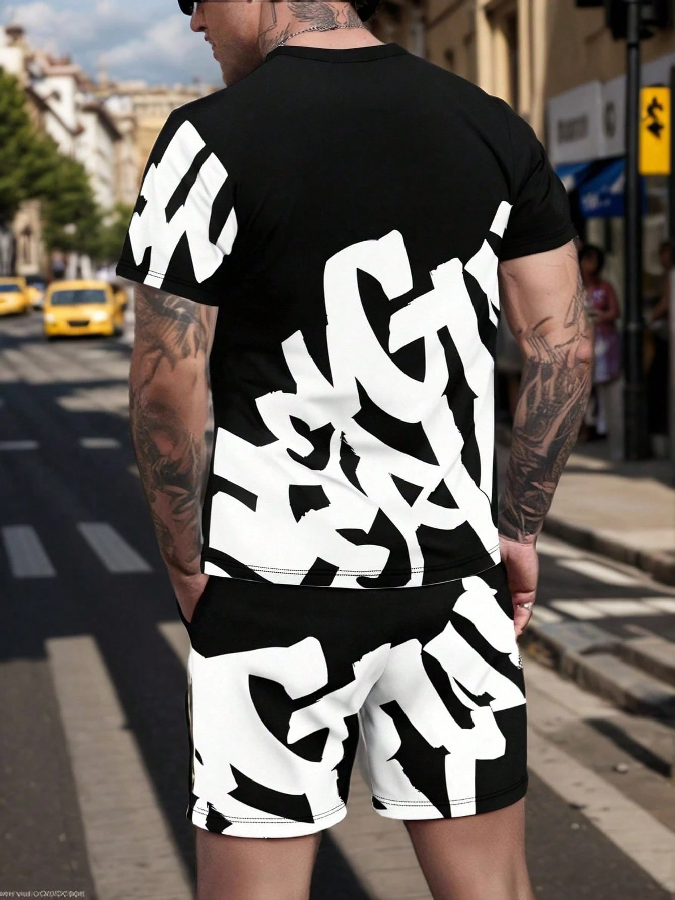 Men's Summer Colorblock Printed Round Neck Set 410