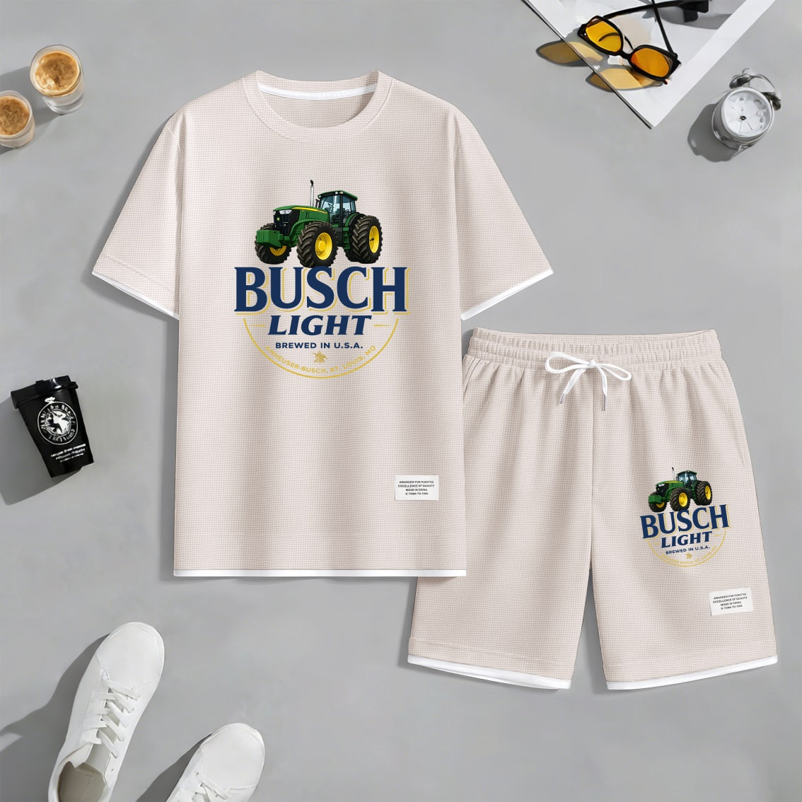 Men's Outdoor Iced Beer Print Waffle Fabric Short-Sleeved Shirt And Shorts Set