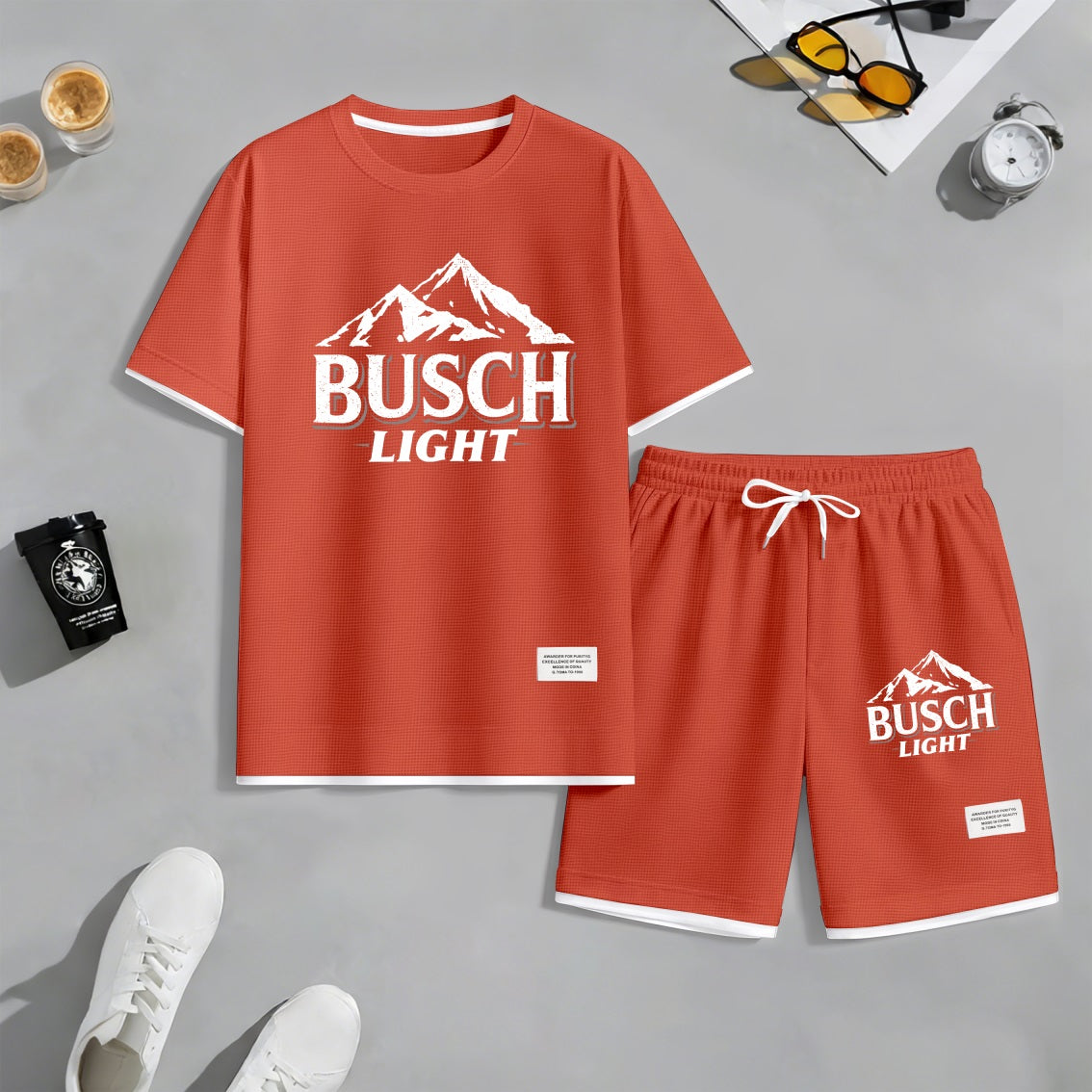 Men's Retro Mountain Beer Print Waffle Fabric Short-Sleeved Shirt And Shorts Set