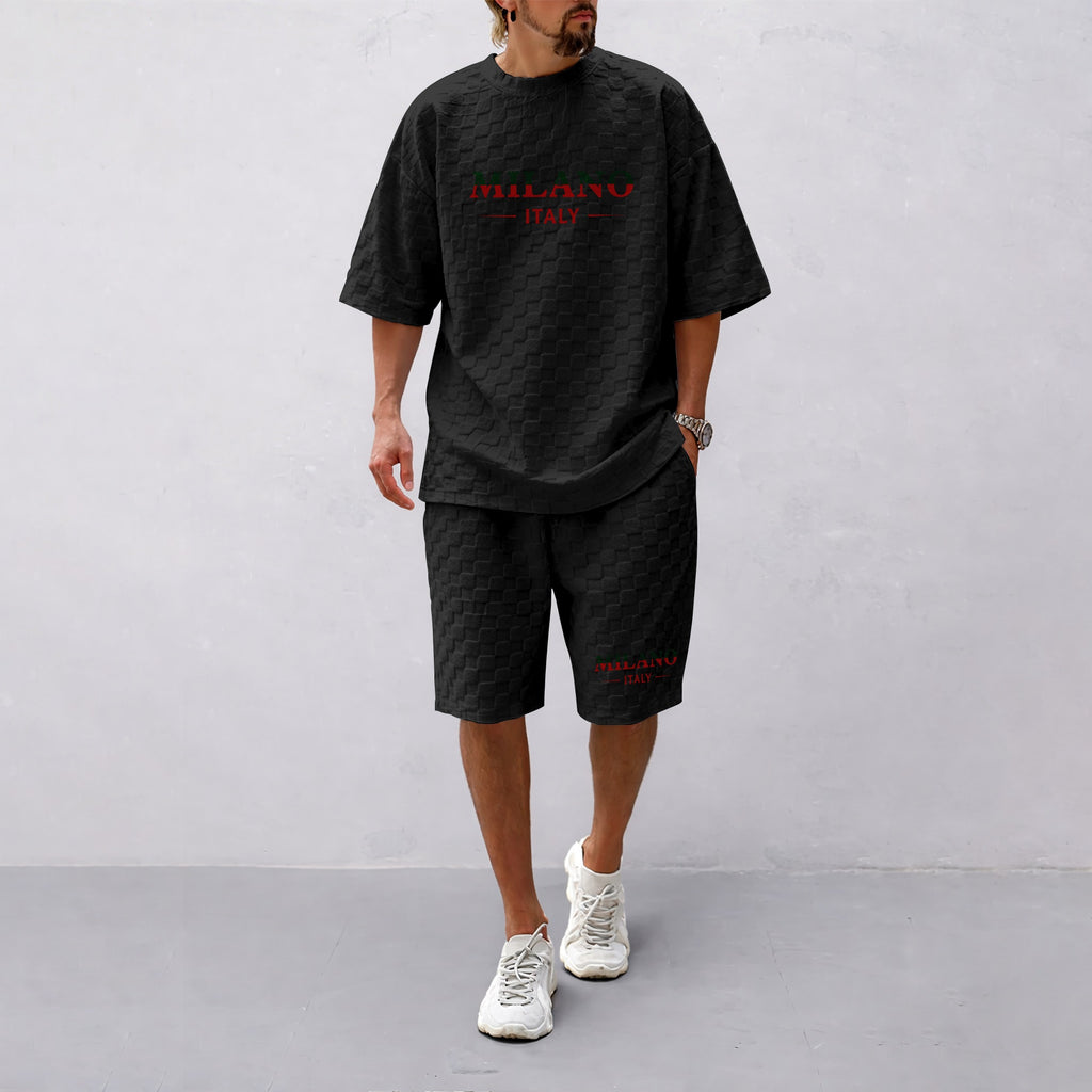Men's Spring and Summer Milan Letter Print Checkered Fabric Drawstring Shorts Set, Casual Summer Outfit with Short-Sleeved Shirt and Shorts, Ideal for Everyday Wear and Sports Activities