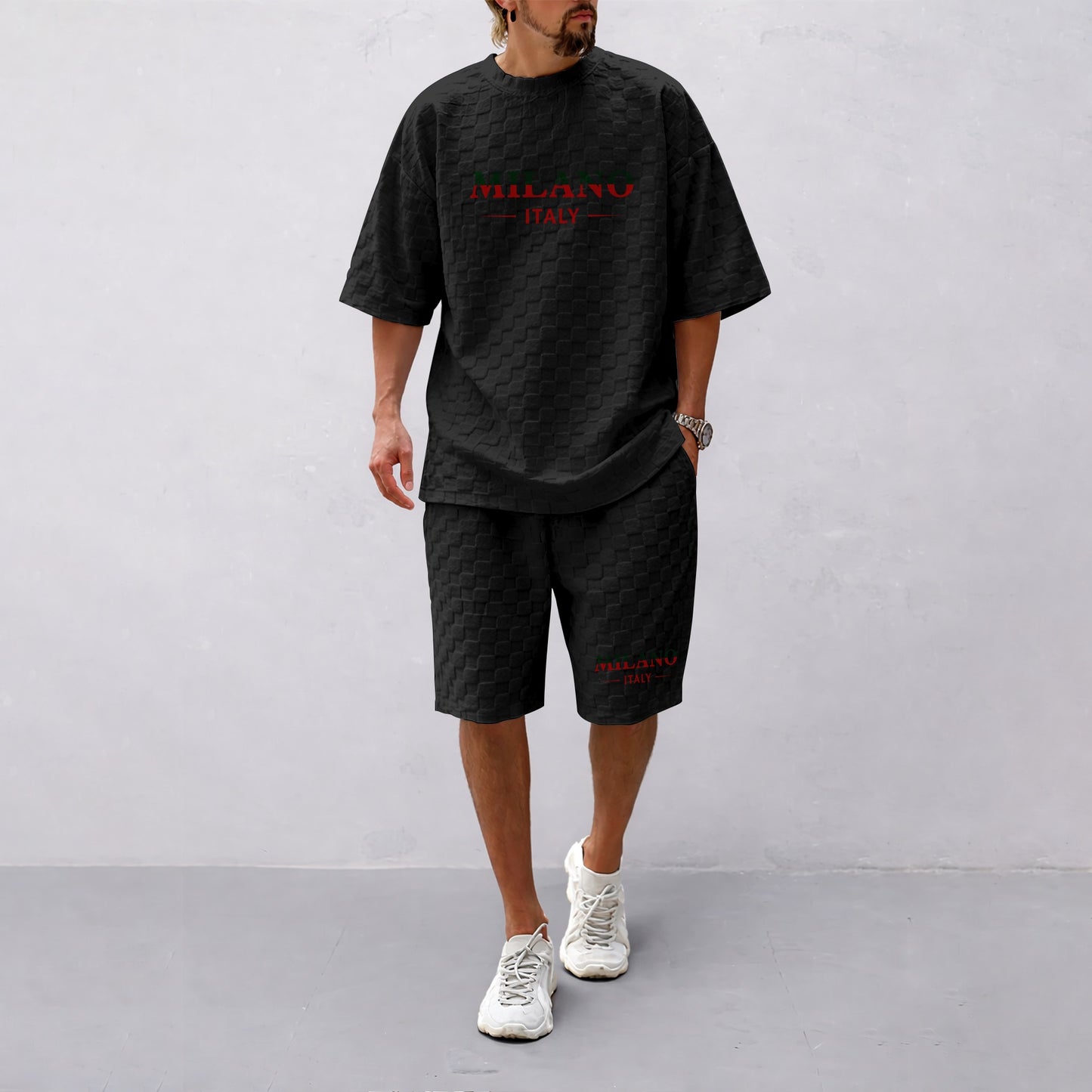 Men's Spring and Summer Milan Letter Print Checkered Fabric Drawstring Shorts Set, Casual Summer Outfit with Short-Sleeved Shirt and Shorts, Ideal for Everyday Wear and Sports Activities