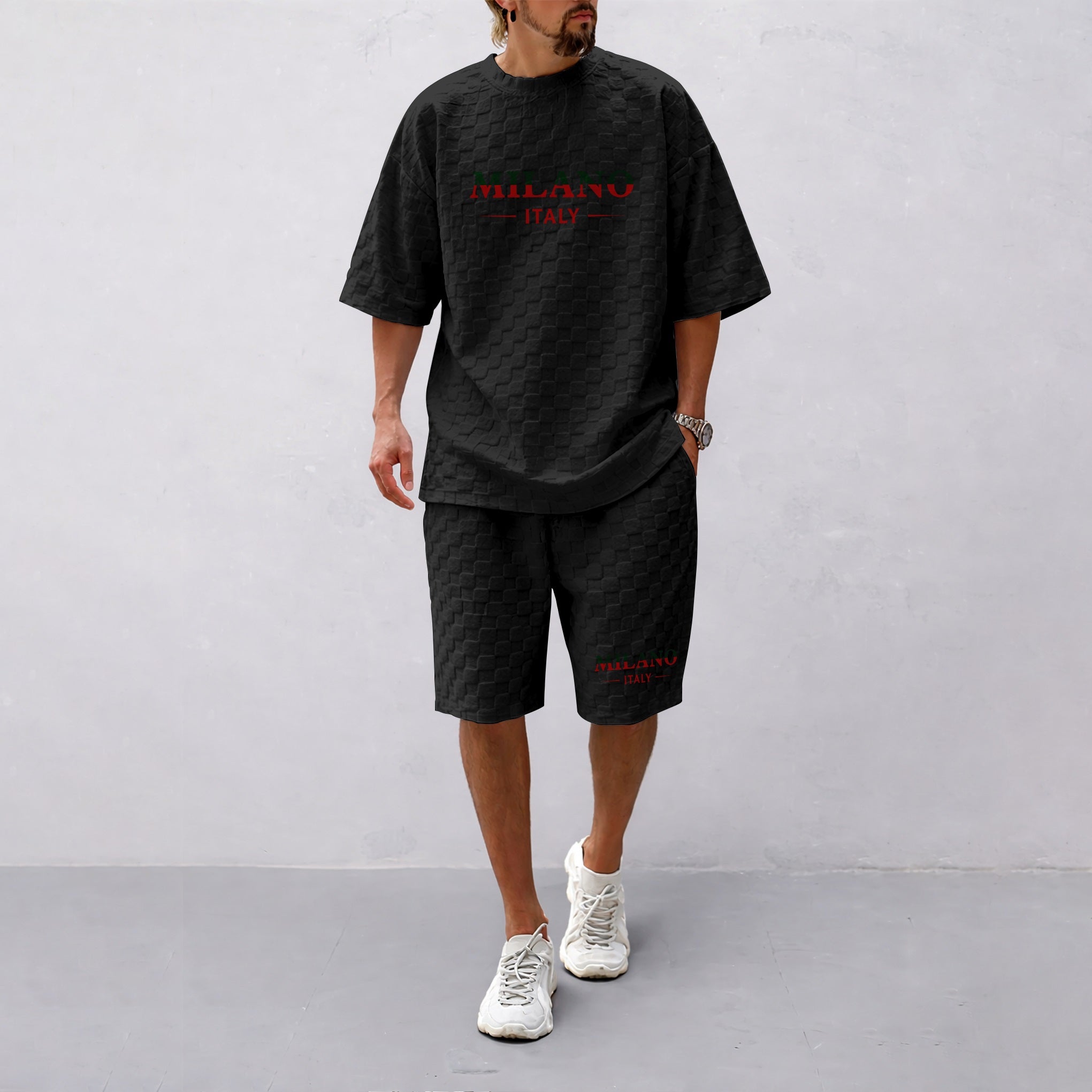 Men's Spring and Summer Milan Letter Print Checkered Fabric Drawstring Shorts Set, Casual Summer Outfit with Short-Sleeved Shirt and Shorts, Ideal for Everyday Wear and Sports Activities